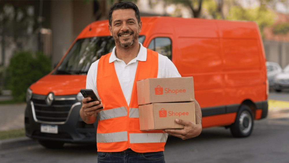 Motorista parceiro Shopee de coleta ao lado de van